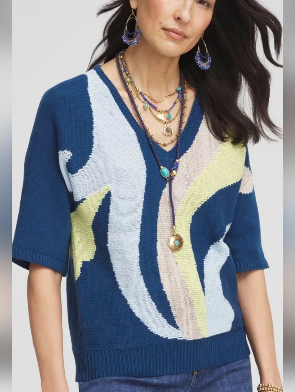 NWT Chico's Navy V-Neck Short-Sleeve Sweater with Pastel Swirl